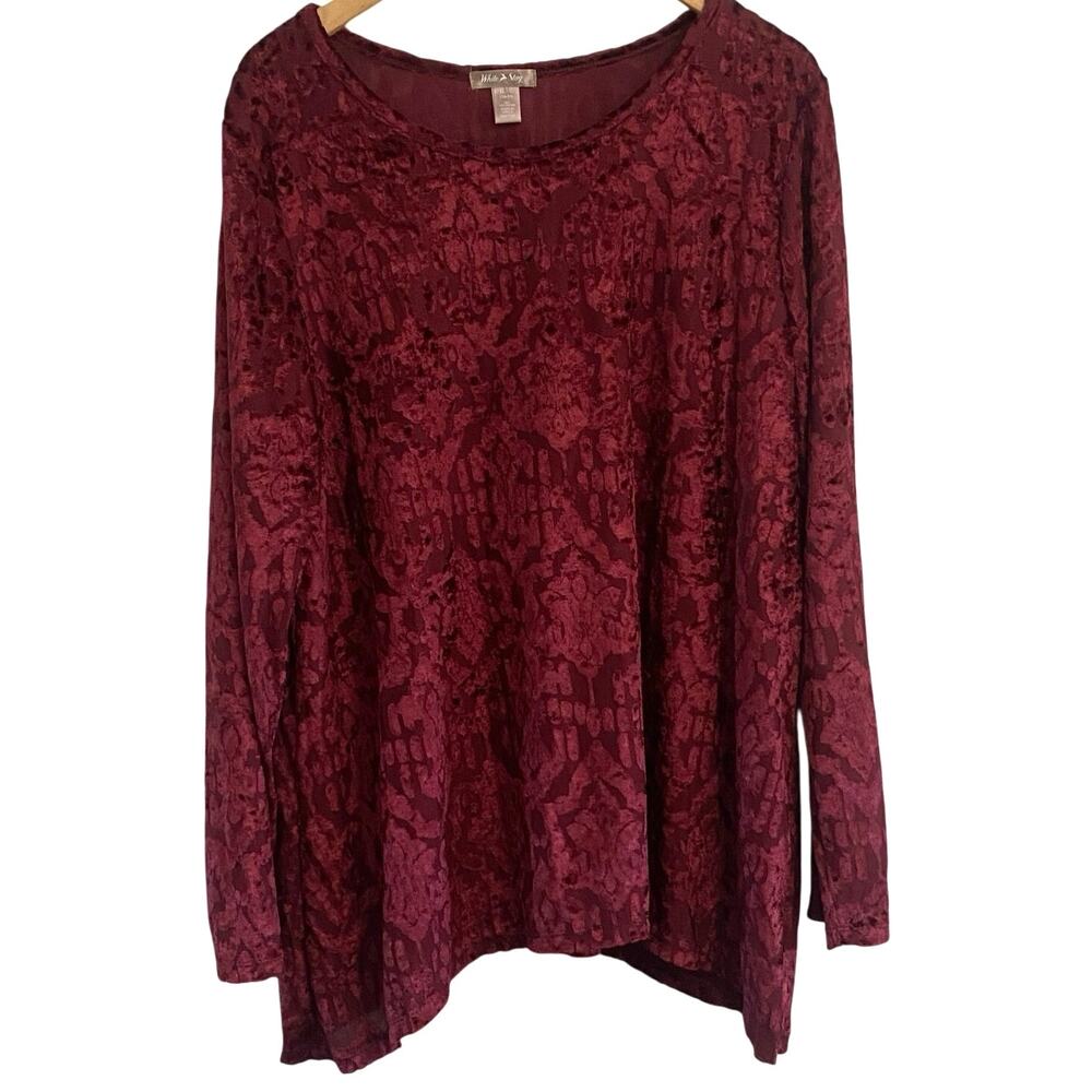 White Stag Velvet Burnout Top Women's XL 16-18 Maroon Witchy Shark bite Hem